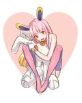  :d animal_ears bare_shoulders bow bowtie bunny_ears fate/grand_order fate_(series) heart hinatsu hug knees_up long_hair open_mouth pink_hair pink_legwear red_eyes riyo_servant_(bunnygirl) simple_background sitting smile solo stuffed_animal stuffed_bunny stuffed_toy thighhighs white_background 