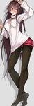  arm_up blush bracelet breasts brown_eyes brown_hair cleavage_cutout commentary_request eyebrows_visible_through_hair flower full_body grey_background hair_between_eyes hair_flower hair_ornament hand_on_wall jewelry kantai_collection long_hair long_sleeves looking_at_viewer medium_breasts pantyhose pantyhose_under_shorts red_shorts rib:y(uhki) shadow shiny shiny_hair shorts simple_background sleeves_past_wrists smile solo standing sweat sweater tall tiptoes white_sweater yamato_(kantai_collection) 