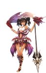  barefoot black_hair blue_eyes full_body highres holding holding_spear holding_weapon long_hair nadia_(sennen_sensou_aigis) navel official_art open_mouth pointy_ears polearm sennen_sensou_aigis solo spear thigh_strap toeless_legwear transparent_background twintails weapon yaman 