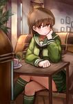  :/ absurdres brown_eyes brown_hair cafe chin_rest couch crossed_legs cup green_legwear highres kantai_collection kneehighs long_hair looking_at_viewer md5_mismatch okitsugu ooi_(kantai_collection) pleated_skirt school_uniform serafuku skirt solo table tea teacup 