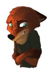  2016 anthro canine clothed clothing crossed_arms crying disney fox green_eyes half-length_portrait looking_away male mammal nick_wilde portrait simple_background solo sprinkah tears white_background zootopia 