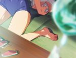  barefoot blurry depth_of_field food fruit head_out_of_frame i-401_(kantai_collection) kantai_collection one-piece_swimsuit sailor_collar school_swimsuit solo swimsuit table tatami tomato_(lsj44867) watermelon wind_chime 