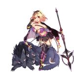  blonde_hair boots bracelet breasts cape chain fingerless_gloves full_body gloves glowing glowing_eyes holding holding_spear holding_weapon jewelry large_breasts looking_at_viewer matarou_(genkai_toppa) moltena_(sennen_sensou_aigis) monster official_art open_mouth polearm red_eyes sennen_sensou_aigis short_hair skirt spear thigh_boots thighhighs transparent_background weapon 