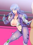  103mol/l 1girl angry blue_eyes blue_hair blush bodysuit boxing_ring breasts cameltoe cleavage clothed_female_nude_male fighting_stance floating_hair gloves highres holding large_breasts legs long_hair looking_at_viewer navel open_mouth original raised_eyebrows serious solo_focus standing thighs 