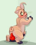  2016 2_toes 3_fingers anal anal_masturbation anal_penetration anthro big_ears blush cum curled_tail digital_media_(artwork) dildo foxudders freckles knot male mammal masturbation one_eye_closed open_mouth penetration penile_masturbation penis pig pink_skin porcine sex_toy simple_background soles solo toes 