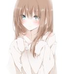  bare_shoulders blue_eyes blush breasts brown_hair cleavage frown hiro_(hirohiro31) long_hair medium_breasts off_shoulder original shirt simple_background sleeves_past_wrists solo white_shirt 