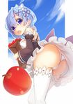  apple ass bag blue_eyes blue_hair breasts detached_sleeves dress food fruit hair_ornament hair_over_one_eye hair_ribbon headdress highres lingerie looking_at_viewer looking_down maid medium_breasts open_mouth panties paper_bag re:zero_kara_hajimeru_isekai_seikatsu rem_(re:zero) ribbon short_hair sitting solo tatapopo thighhighs underwear white_legwear x_hair_ornament 