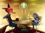  2016 absurd_res anthro bulletproof_vest canine chair clothed clothing cup disney duo_focus english_text fanfic_art female fox group hi_res inside judy_hopps lagomorph male mammal nick_wilde police_uniform rabbit sitting table text thewyvernsweaver title_card uniform zootopia 