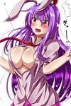  /\/\/\ 1girl animal_ears ar_(lover_boy) blush breasts bunny_ears bursting_breasts cleavage cowboy_shot dress_shirt fang highres large_breasts lavender_shirt long_hair necktie no_bra open_mouth pink_skirt popped_button puffy_short_sleeves puffy_sleeves purple_hair red_eyes red_neckwear reisen_udongein_inaba shirt short_sleeves sidelocks skirt solo surprised sweat touhou very_long_hair wardrobe_malfunction 