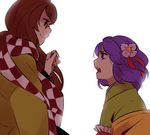 angry bell brown_eyes brown_hair checkered checkered_scarf flower from_side futatsuiwa_mamizou futatsuiwa_mamizou_(human) glasses hair_flower hair_ornament hair_ribbon hieda_no_akyuu japanese_clothes kimono long_hair looking_at_another multiple_girls nekolina open_mouth purple_eyes purple_hair red_ribbon ribbon scarf short_hair smile touhou 
