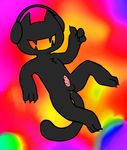  3_fingers 3_toes abstract_background anthro anus ball barbed_penis black_body cat claws eyeless fangs feline headphones male mammal mascot monstercat open_mouth penis simple_background solo teeth thumbs_up toes 