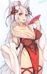  1girl alcohol animal_ears artist_name bangs blue_eyes breasts cleavage collarbone cowboy_shot cup detached_sleeves dress drooling erune eyebrows_visible_through_hair fang fox_ears fox_tail fur_trim granblue_fantasy groin hair_ornament highres holding large_breasts long_hair looking_at_viewer mukka pelvic_curtain red_dress ribbon sakazuki sake shiny shiny_skin silver_hair simple_background sketch socie_(granblue_fantasy) solo spill tail thigh_ribbon white_background 