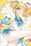  blue_eyes blush breasts cheerleader crop_top dogoo long_hair medium_breasts midriff neptune_(series) orange_hair orange_heart pom_poms power_symbol shin_jigen_game_neptune_vii skirt smile symbol-shaped_pupils tsunako twintails 