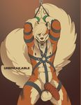 2015 5_fingers abs absurd_res anthro arcanine armpits ball_gag balls bdsm big_balls black_nipples black_nose blue_eyes body_harness bondage bound breathable_gag brown_penis cheek_tuft chest_tuft collar countershading english_text eyebrows fangs front_view fur gag gagged glans gradient_background hair half-closed_eyes half-erect hands_above_head harness hi_res huge_tail hybrid_penis inner_ear_fluff knot leather_cuffs leather_harness looking_at_viewer male mammal multicolored_fur muscular naughty_face nintendo nipples nude orange_fur penis piercing pok&eacute;mon portrait rethex shiuk short_hair simple_background solo standing straps striped_fur striped_penis stripes submissive text three-quarter_portrait tuft two_tone_fur video_games white_fur white_hair white_tail wrist_cuff 