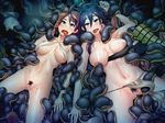  2girls ahegao black_lilith blue_eyes blue_hair bottomless breasts brown_hair censored defeated erect_nipples monsters multiple_girls nipples no_panties open_mouth pubic_hair purple_eyes pussy pussy_juice rape rolling_eyes saliva spread_legs tears tongue tongue_out wet ~monsters_survive_makereba_monster_ni_seishoku_sareru~ 