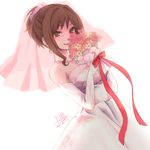  :3 blush bouquet bow brown_hair dress dutch_angle earrings elbow_gloves fang flower gloves green_eyes hair_flower hair_ornament holding holding_bouquet idolmaster idolmaster_cinderella_girls jewelry maekawa_miku necklace nmz_(namazu) ponytail red_ribbon ribbon sidelocks signature smile solo strapless strapless_dress veil wedding_dress white_background white_dress white_gloves 