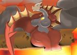  2016 agnaktor anthro anthrofied big_breasts blush breasts downgrade101 english_text female fin grey_scales huge_breasts lava leviathan_(mh) looking_at_viewer navel nude outside red_scales scales scalie signature sitting smile solo text thick_thighs volcano voluptuous wide_hips 