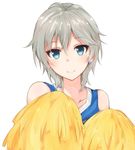  anastasia_(idolmaster) blue_eyes cheerleader earrings idolmaster idolmaster_cinderella_girls jewelry looking_at_viewer pom_poms short_hair silver_hair sleeveless smile solo upper_body white_background yabudatami 