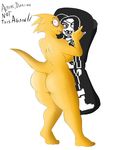  2016 4_fingers alphys anthro barefoot breasts butt english_text fangs female looking_back monster nightmare-arts non-mammal_breasts nude plantigrade poster rear_view scalie side_boob simple_background slightly_chubby solo_focus text undertale undyne video_games white_background yellow_eyes yellow_skin 