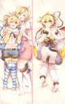  ;d andira_(granblue_fantasy) animal_ears ass bare_shoulders barefoot bed blonde_hair blush breasts brown_eyes colored_stripes dakimakura detached_sleeves djeeta_(granblue_fantasy) dress erune from_above from_behind fur_trim granblue_fantasy hairband hand_on_another's_head highres kaenuco looking_at_viewer looking_back looking_up lying midriff monkey_ears monkey_tail multiple_girls navel no_shoes on_back on_stomach one_eye_closed open_mouth pink_dress puffy_short_sleeves puffy_sleeves short_hair short_sleeves shorts small_breasts smile striped striped_legwear tail tail_wrap thighhighs thighs toeless_legwear 