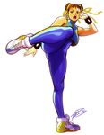 alternate_costume brown_hair chun-li double_bun fighting_stance hair_ribbon highres looking_at_viewer open_mouth ribbon robert_porter shoes sneakers solo street_fighter street_fighter_zero_(series) studded_bracelet 