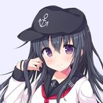  akatsuki_(kantai_collection) blush hat jan_(janpx2012) kantai_collection long_hair purple_eyes school_uniform serafuku simple_background smile solo 