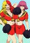  2girls bare_legs blue_eyes breasts chara_soon cheerleader cleavage gundam gundam_zz gureko_rouman haman_karn highres large_breasts legs long_hair looking_at_viewer makeup midriff multicolored_hair multiple_girls navel open_mouth parted_lips pink_hair pom_poms red_skirt short_hair simple_background skirt smile standing thighs 