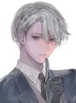  black_gloves blue_eyes finger_to_mouth formal gloves lips male_focus necktie silver_hair smile solo suit tcb upper_body viktor_nikiforov yuri!!!_on_ice 