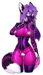  2016 alpha_channel anthro big_breasts breasts canine claws clothed clothing female fox fur hair looking_at_viewer mammal mask pink_fur purple_eyes purple_hair pussy rubber selene_leni simple_background solo xenthyl zipper 