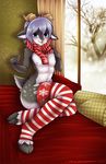  2016 anthro belly blue_eyes blue_hair blue_skin blush butt caprine chest_tuft cleft_hooves clothing cuntboy cute digital_media_(artwork) english_text eyebrows front_view fur girly goat grey_fur hair hooves horn intersex invalid_tag kara legwear long_ears looking_at_viewer mammal multicolored_fur navel nipples nude open_mouth pose relaxing scarf signature smile solo stockings text tuft two_tone_fur white_fur z-afiro 