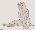  caraid clothed clothing digitigrade female ferret hair long_hair looking_at_viewer looking_back mammal monochrome mustelid paws sketch solo topless underwear 