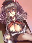  bangs beret between_breasts black_shirt blue_eyes bra breasts condom dress_shirt drill_hair frilled_sleeves frills glasses grey_hair hat kantai_collection kashima_(kantai_collection) large_breasts licking_lips looking_at_viewer nipple_slip nipples off_shoulder red_cucumber semi-rimless_eyewear shirt sitting skirt solo tongue tongue_out twin_drills twintails unbuttoned unbuttoned_shirt under-rim_eyewear underwear wavy_hair 