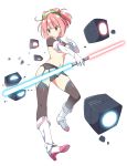  1girl bangs beat_saber blush boots breasts brown_legwear brown_panties closed_mouth elbow_gloves energy_sword eyebrows_visible_through_hair garter_belt gloves hacka_doll hacka_doll_2 hatsunatsu high_heel_boots high_heels high_ponytail highres holding holding_weapon lightsaber looking_away looking_to_the_side panties pink_hair ponytail red_eyes sidelocks simple_background small_breasts solo sword thighhighs topless twitter_username underwear underwear_only v-shaped_eyebrows weapon white_background white_footwear white_gloves 