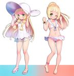  anklet ass_visible_through_thighs bangs barefoot bikini blonde_hair blunt_bangs braid breasts collarbone full_body green_eyes hat highres jewelry lillie_(pokemon) long_hair looking_at_viewer matanonki multiple_views one_eye_closed pokemon pokemon_(game) pokemon_sm sailor_bikini sailor_collar sandals shoes sidelocks simple_background small_breasts smile standing sun_hat swimsuit twin_braids white_bikini white_footwear white_hat z-ring 