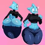  anthro big_breasts big_butt breasts butt cartoon_network cat clothed clothing feline female hi_res jiggle looking_back mammal midriff navel nicole_watterson simple_background solo sssonic2 sweat sweatdrop the_amazing_world_of_gumball thick_thighs turtleneck wardrobe_malfunction wide_hips 