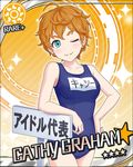  1girl blonde_hair blue_eyes blush cathy_graham character_name idolmaster idolmaster_cinderella_girls short_hair smile stars swimsuit translation_request wink 