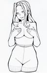  adultonly bad_id bad_pixiv_id breast_hold breasts covering covering_breasts crotch_seam curvy greyscale hands_on_own_chest large_breasts long_hair mole mole_under_eye monochrome pantyhose plump solo 