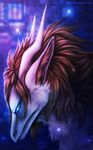  blue_eyes blurred_background brown_hair dragon feathered_dragon feathers female fur hair horn inner_ear_fluff neytirix smooth_horn solo standing white_fur 