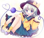  :d bangs black_hat blue_eyes blush bow commentary_request eyeball frilled_shirt_collar frilled_skirt frilled_sleeves frills full_body green_skirt hat hat_bow heart heart_of_string knees_together_feet_apart komeiji_koishi long_sleeves looking_at_viewer open_mouth rikatan shirt short_hair silver_hair skirt slippers smile solo third_eye touhou wide_sleeves yellow_bow yellow_legwear yellow_shirt 