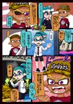  aqua_eyes aqua_hair bike_shorts blonde_hair blush comic commentary_request crossdressing domino_mask fangs hat highres inkling inkling_(language) long_hair mask multiple_boys one_eye_closed open_mouth otoko_no_ko pointy_ears purple_eyes sailor short_hair splatoon_(series) splatoon_1 sweatdrop tentacle_hair tentacles translated usa_(dai9c_carnival) yen_(isamu-ki) 