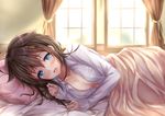  ahoge bad_id bad_pixiv_id bed bed_sheet blue_eyes blush breasts brown_hair cleavage collarbone collared_shirt commentary curtains hair_flaps hair_ornament indoors kantai_collection long_hair looking_at_viewer lying marisasu_(marisa0904) medium_breasts messy_hair morning on_side open_clothes open_mouth open_shirt pillow remodel_(kantai_collection) shigure_(kantai_collection) shirt sleeves_past_wrists smile solo sunlight under_covers window 
