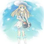  bag bangs bare_arms blonde_hair blunt_bangs braid collarbone collared_dress dress duffel_bag green_eyes handbag hat kneehighs lillie_(pokemon) long_hair petals poke_ball_theme pokemon pokemon_(game) pokemon_sm ritsuki_mino see-through sleeveless sleeveless_dress solo standing sun_hat sundress twin_braids white_dress white_hat white_legwear 