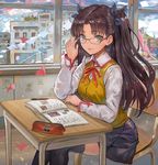  black_hair black_legwear blue_eyes classroom danann desk fate/stay_night fate_(series) glasses long_hair long_sleeves looking_at_viewer school_desk smile solo sweater_vest thighhighs toosaka_rin two_side_up 