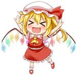  &gt;_&lt; :d ascot blonde_hair chibi closed_eyes fang flandre_scarlet happy hat highres long_hair looking_at_viewer mary_janes mob_cap nichika_(nitikapo) one_side_up open_mouth outstretched_arms shoes simple_background smile solo spread_arms touhou white_background wings xd 