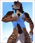  2016 anatomically_correct anatomically_correct_penis animal_genitalia animal_penis anthro armpit_hair armpits balls biceps biped blue_clothing blue_eyes blue_topwear bottomless brown_fur brown_hair brown_penis brown_tail canine canine_penis chest_tuft claws clothed clothing digital_media_(artwork) dog ear_piercing erection eye_markings facial_piercing fangs feralise fingerless_(marking) frenum_ladder frenum_piercing front_view fur genital_piercing german_shepherd gradient_background hair holding_object holding_underwear industrial_piercing knot lip_piercing looking_at_viewer luke_reinhard male mammal markings multicolored_fur multicolored_tail muscular muscular_male nipple_piercing nipples pecs penis penis_piercing piercing pinup portrait pose prince_albert_piercing pubes seductive shirt signature simple_background smile snakebite_piercing snout solo standing tan_balls tan_fur tan_tail tank_top teeth three-quarter_portrait tuft two_tone_tail underwear 