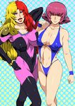  2girls bare_legs bare_shoulders blue_eyes breast_press breasts cameltoe chara_soon cleavage cosplay covered_navel erect_nipples gundam gundam_zz gureko_rouman haman_karn hand_on_hip headphones highres large_breasts legs long_hair looking_at_viewer makeup mound_of_venus multicolored_hair multiple_girls navel open_mouth parted_lips pink_hair short_hair simple_background smile standing swimsuit thighs 