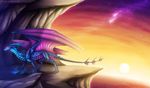  ambiguous_gender blue_scales claws detailed_background dragon feral horn membranous_wings neytirix nude outside ridged_horn scales sky solo spread_wings standing wings 
