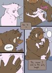  2016 blush boar breath brown_fur canine chest_tuft comic english_text fox fur green_eyes hug male mammal okadu pink_eyes pink_fur porcine simple_background size_difference smaller_male speech_bubble text text_box tuft tusks 