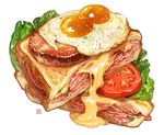  commentary_request food fried_egg ham lettuce melting momiji_mao no_humans original sandwich simple_background tomato white_background 