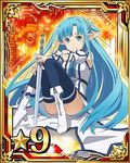  asuna_(sao) asuna_(sao-alo) blue_eyes blue_hair blue_legwear boots card_(medium) holding holding_sword holding_weapon long_hair looking_at_viewer number official_art pointy_ears sitting skirt smile solo star sword sword_art_online sword_art_online:_code_register thighhighs weapon white_footwear white_skirt zettai_ryouiki 
